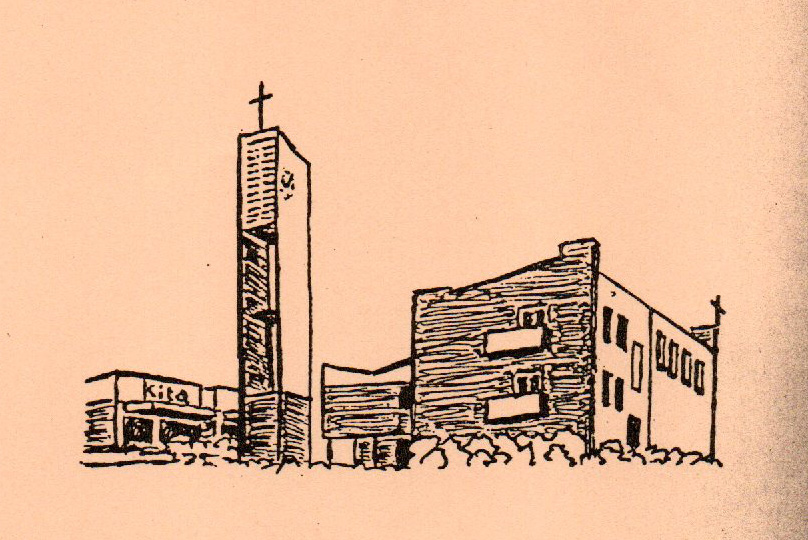 Alte Zeichnung des Gemeindehauses "Tabea" mit Glockenturm und Kita (Chronik "Tabea" des ehem. Pfarrers Siegwart Kriebel)