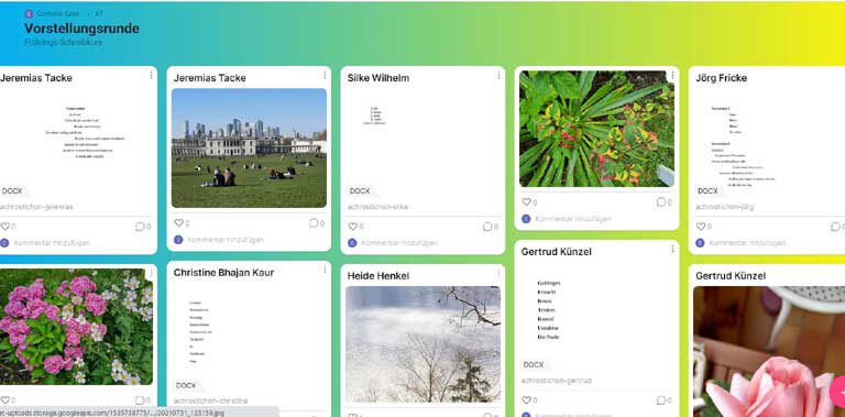 Vorstellungsrunde im digitalen Format: Achrosticha. sogen. Leistengedichte, und Fotos der Teilnehmer/innen