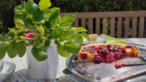 Gedeckter Tisch am Hexenhaus mit Heckenrose und Kirschtorte